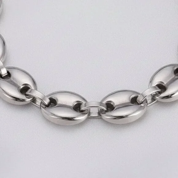 Silver Coffee Bean Link Marina Chain Bracelet Stainless Steel 9 Inches NWOT - Picture 2 of 5